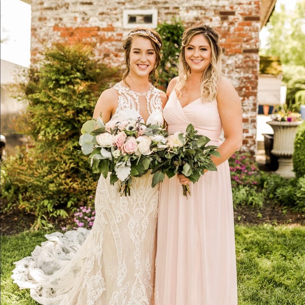 Blush David’s bridal bridesmaid dress